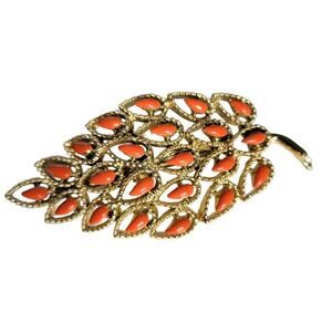 Vintage Gerry's Brooch Women's Gold Tone Orange Bead Open Work Leaf Signed